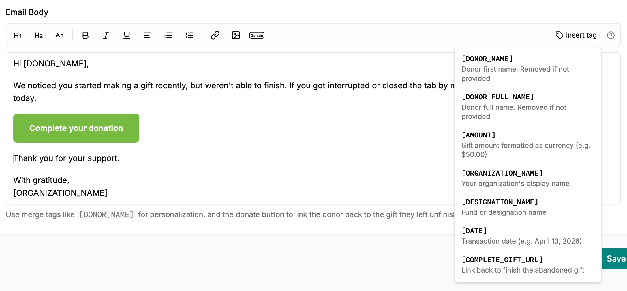 Abandoned donation email editor with the Donate button control and the Insert tag menu showing merge tags for donor name, amount, organization, designation, date, and the complete-gift link