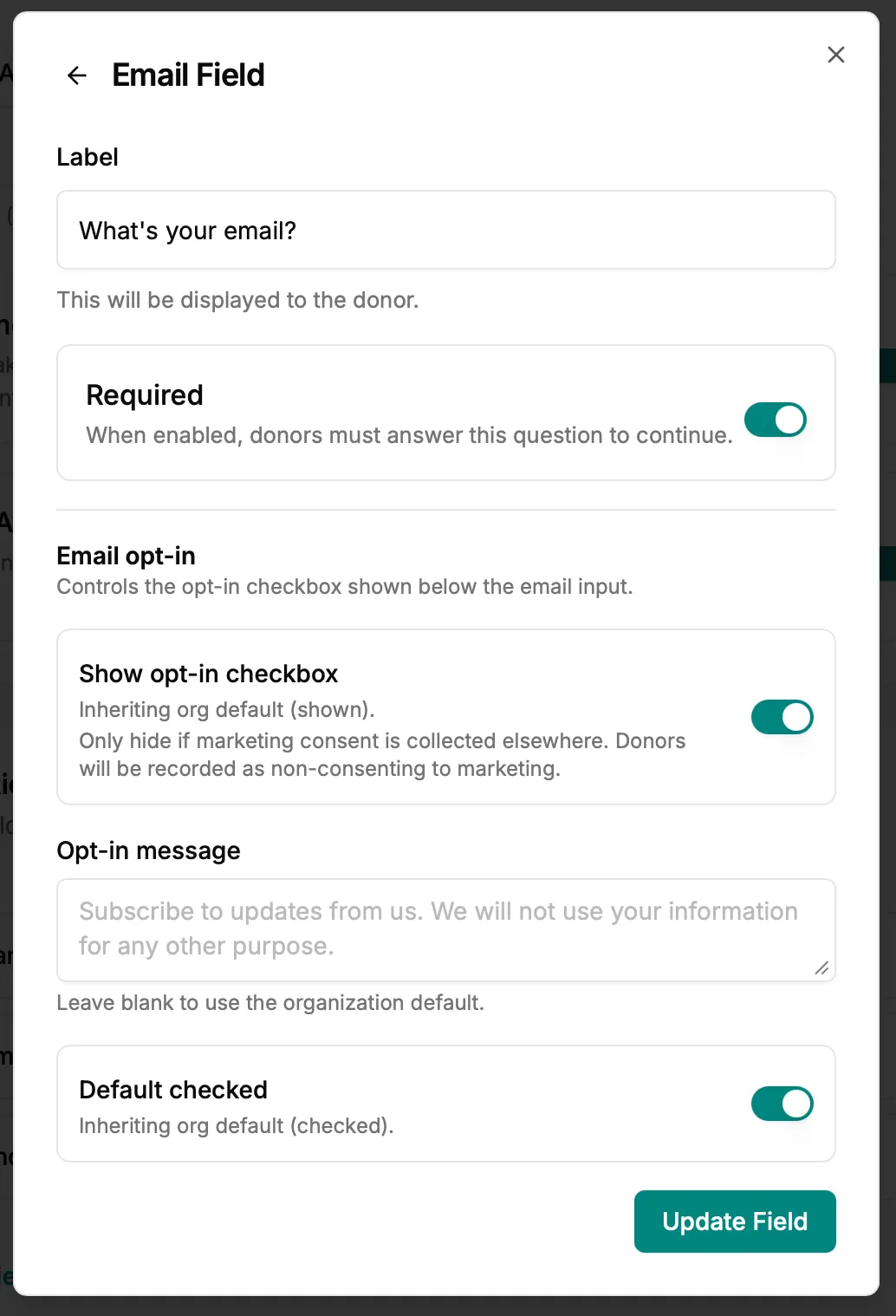 Email field settings showing per-configuration overrides for label, required toggle, opt-in checkbox, opt-in message, and default checked state