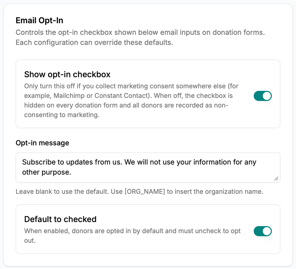 Email Opt-In settings showing toggle for opt-in checkbox, customizable opt-in message, and default to checked option
