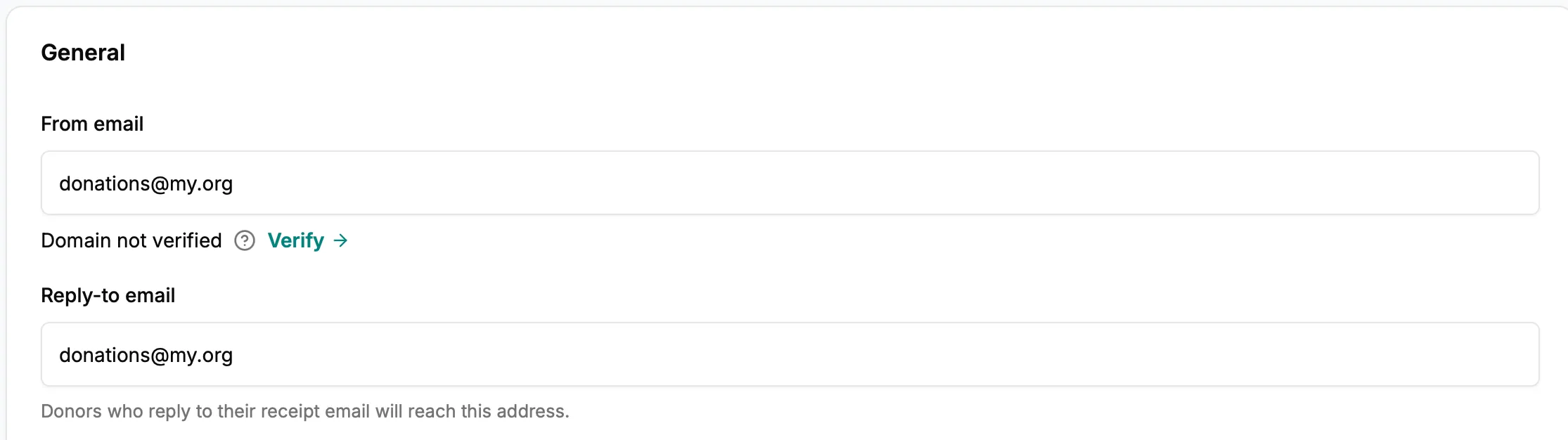 Email settings showing a custom From email with domain verification and a Reply-to email