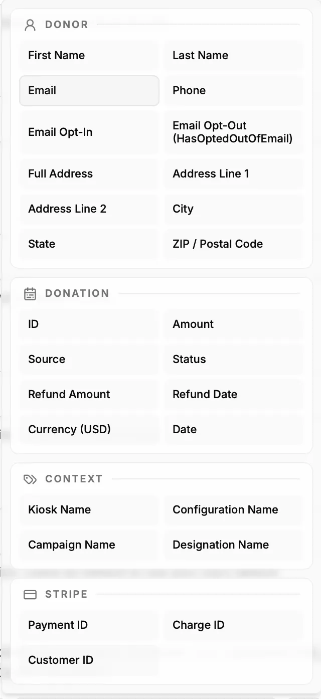 Field mapping palette with donor, donation, context, and Stripe values available to map onto Salesforce fields