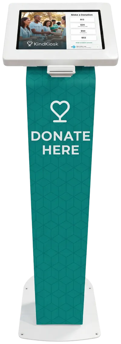 Full Size donation kiosk with a teal Donate Here banner