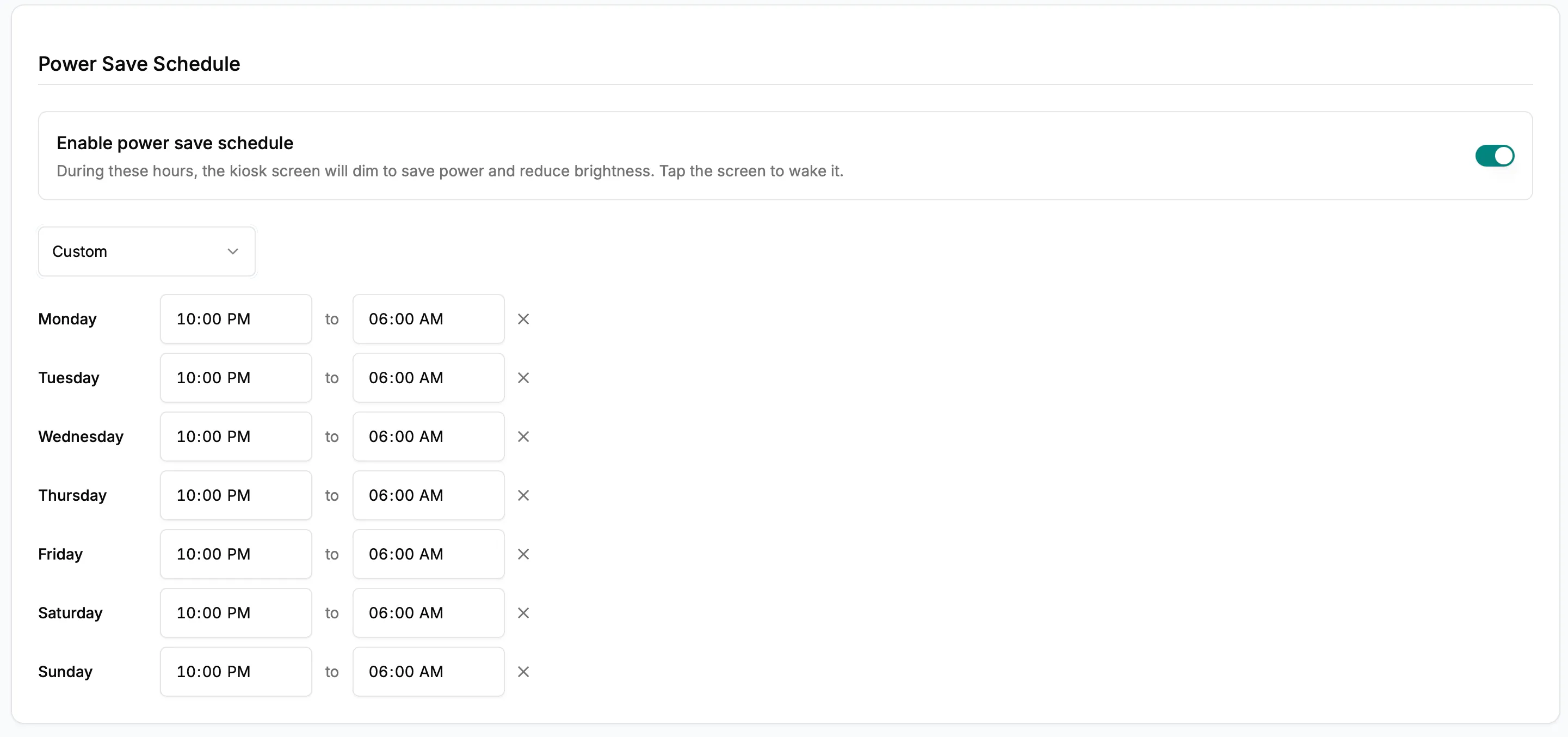 Custom per-day Power Save Schedule with individual time settings for each day of the week