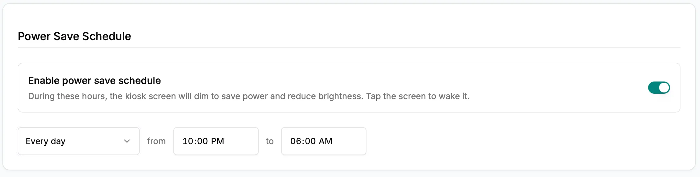 Power Save Schedule settings showing enable toggle, every day schedule from 10:00 PM to 6:00 AM