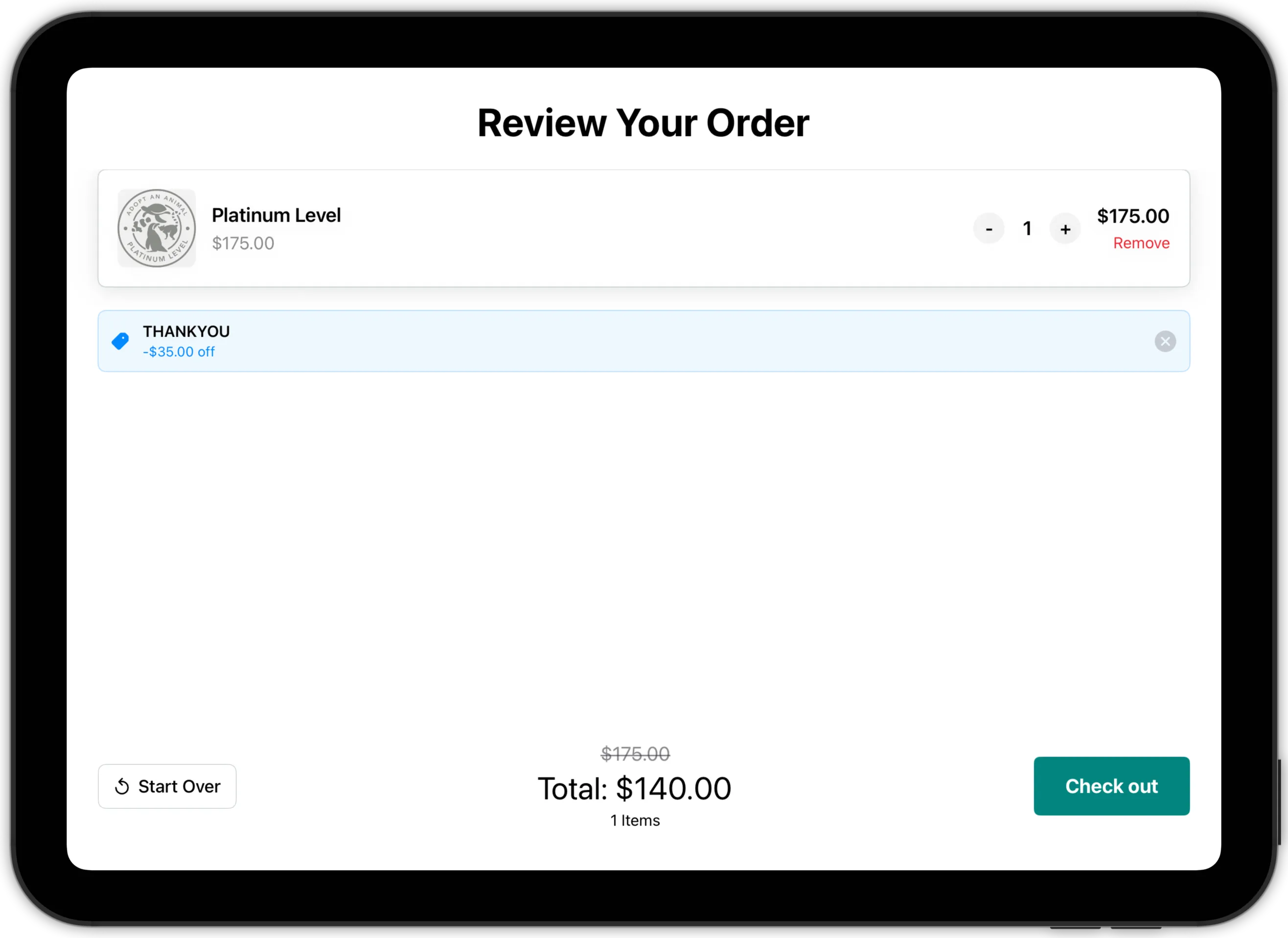 Kiosk checkout screen showing a THANKYOU promo code applied with $35.00 discount, reducing the total from $175.00 to $140.00
