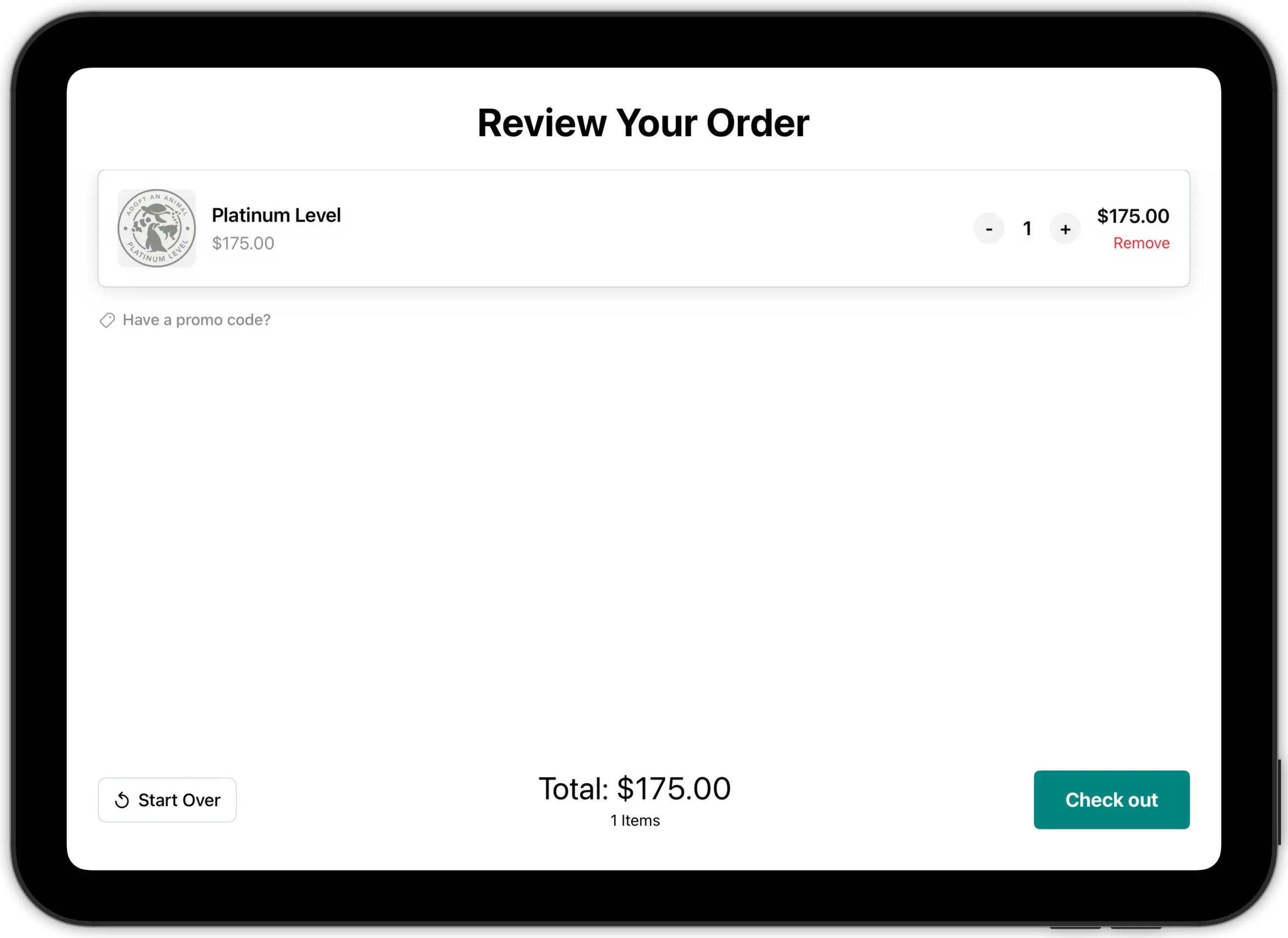 Kiosk checkout screen showing a 'Have a promo code?' prompt below the order summary
