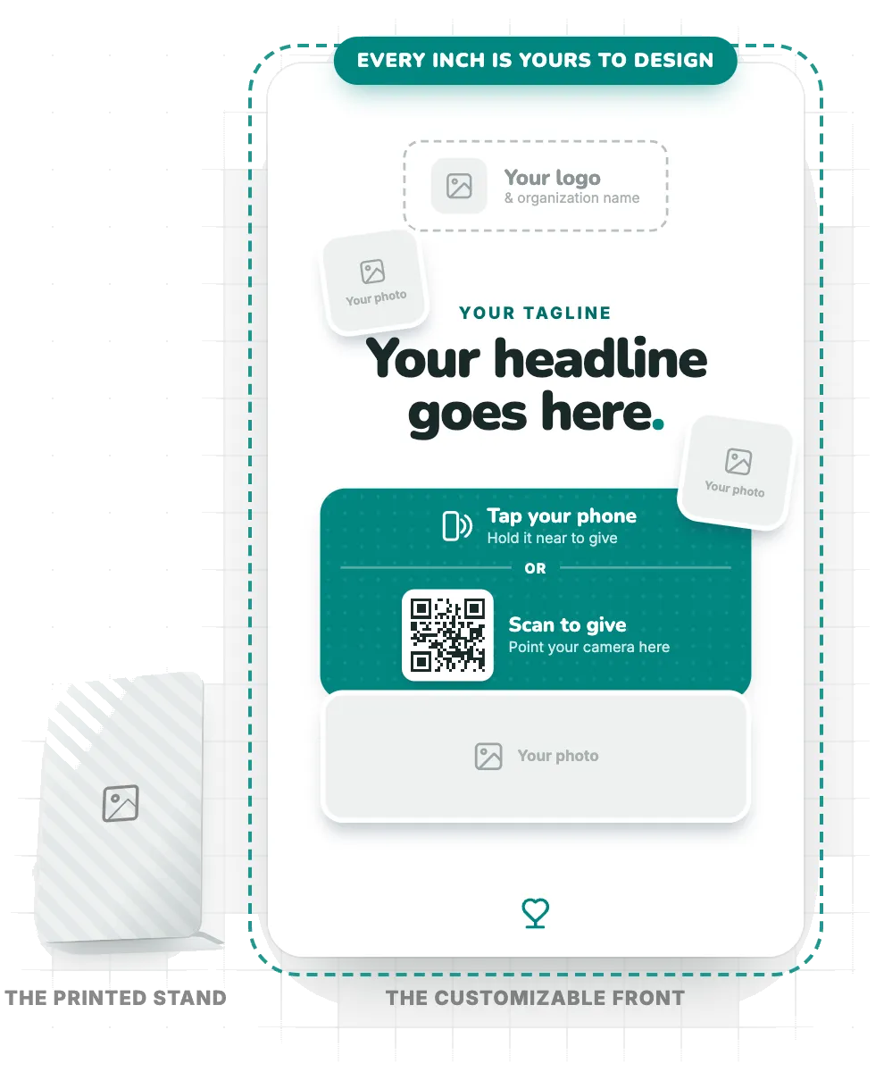A KindTap donation stand: a printed sign with a customizable front showing tap-to-give and scan-to-give options