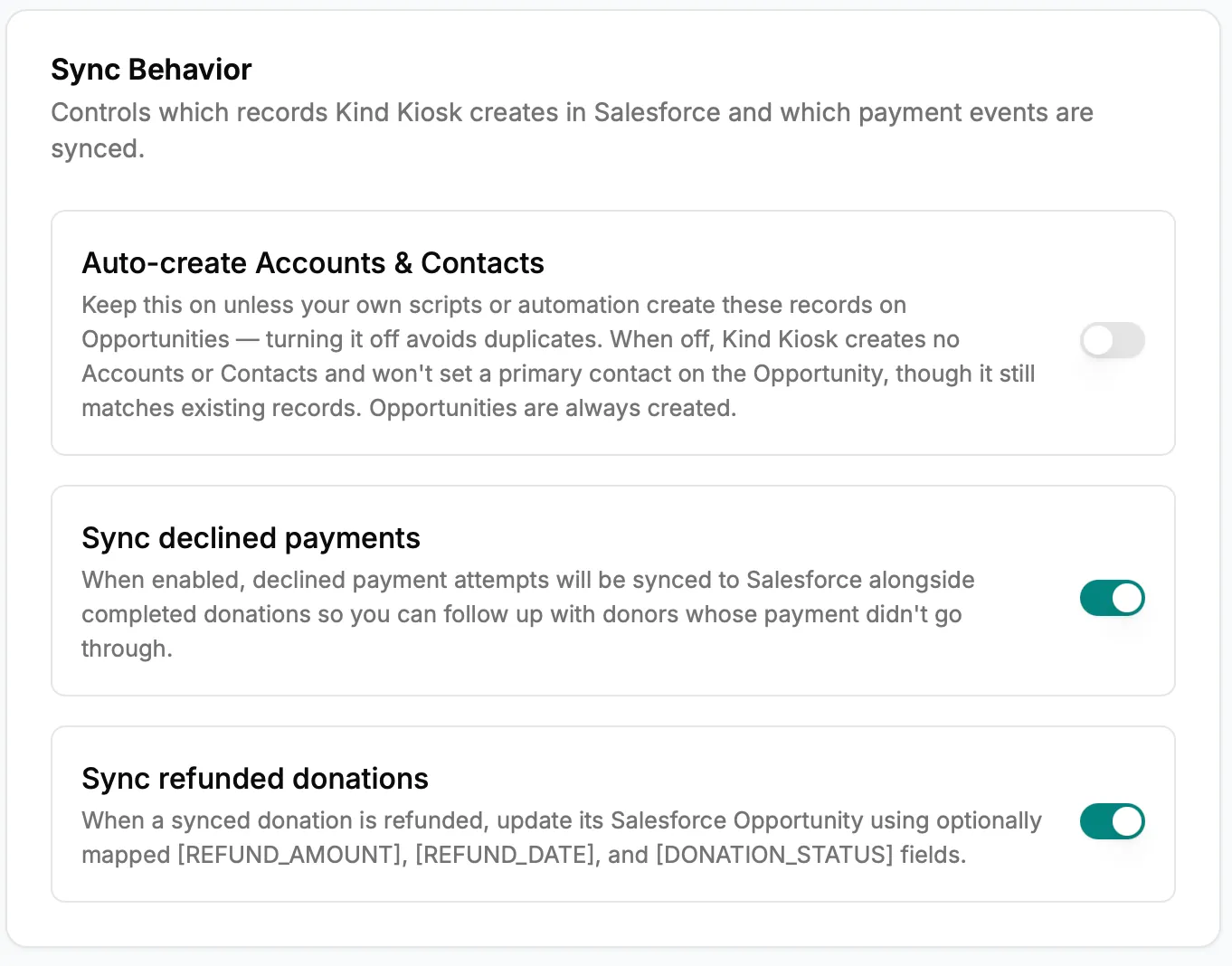 Sync Behavior settings with toggles for auto-creating Accounts and Contacts, syncing declined payments, and syncing refunded donations